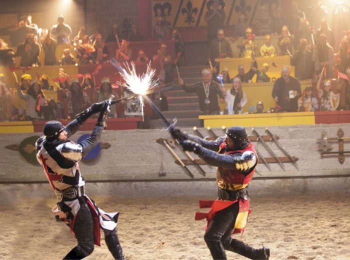 Two knights in armor are engaged in a sword battle in an arena, with an audience watching from the stands.