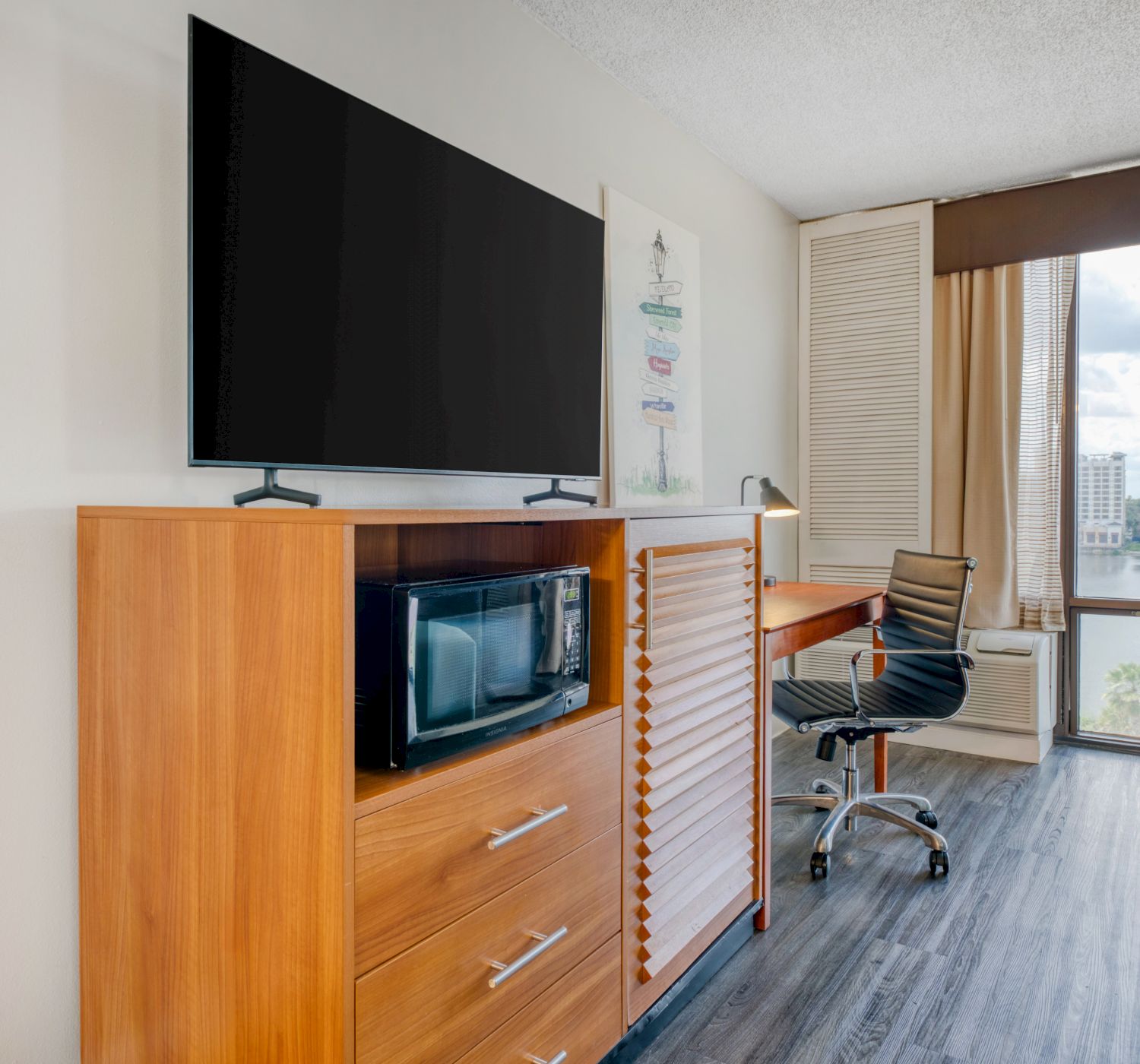 The image shows a hotel room with a TV, microwave, desk, chair, and large window with a city view.