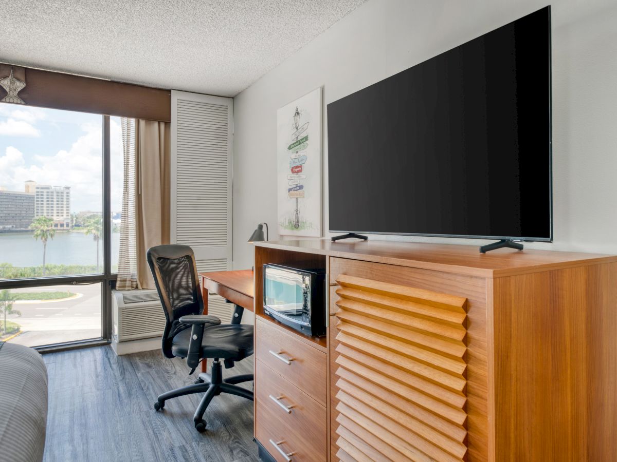 The image shows a hotel room with a large TV, a desk, an office chair, a microwave, and a window with a view of a lake and buildings.