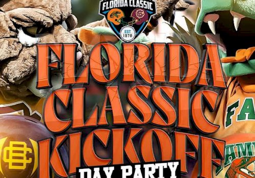 Image promoting the Florida Classic Kickoff Day Party, featuring mascots and logos of competing teams, and highlighting the event name with bold text.