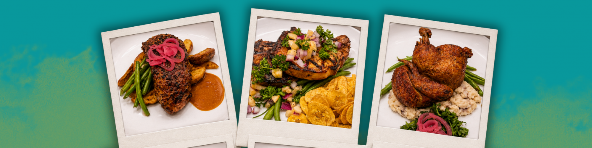 The image shows three plates with various cooked meats, vegetables, and garnishes, arranged in a collage style against a colorful background.