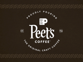 Logo for Peet's Coffee with text "Proudly Pouring" and "The Original Craft Coffee" on a dark background, established in 1966.